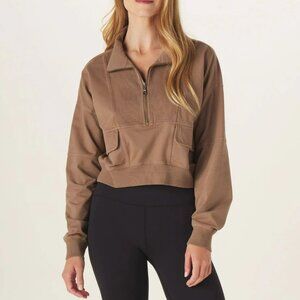 The Normal Brand Tentoma Utility Half Zip Collared Sweatshirt in Pine Bark Sz S